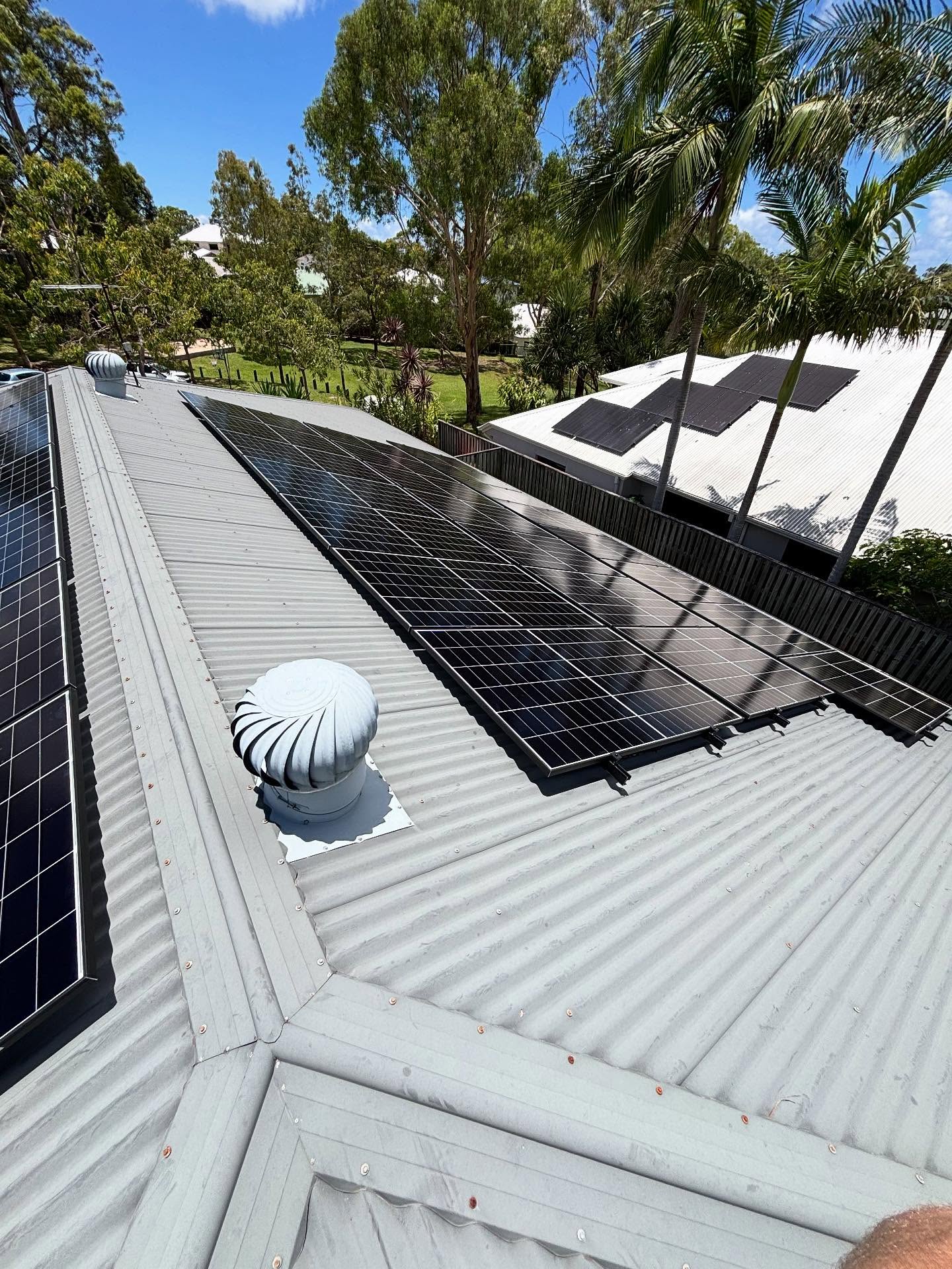 Solar panels on colorbond roof with palm trees